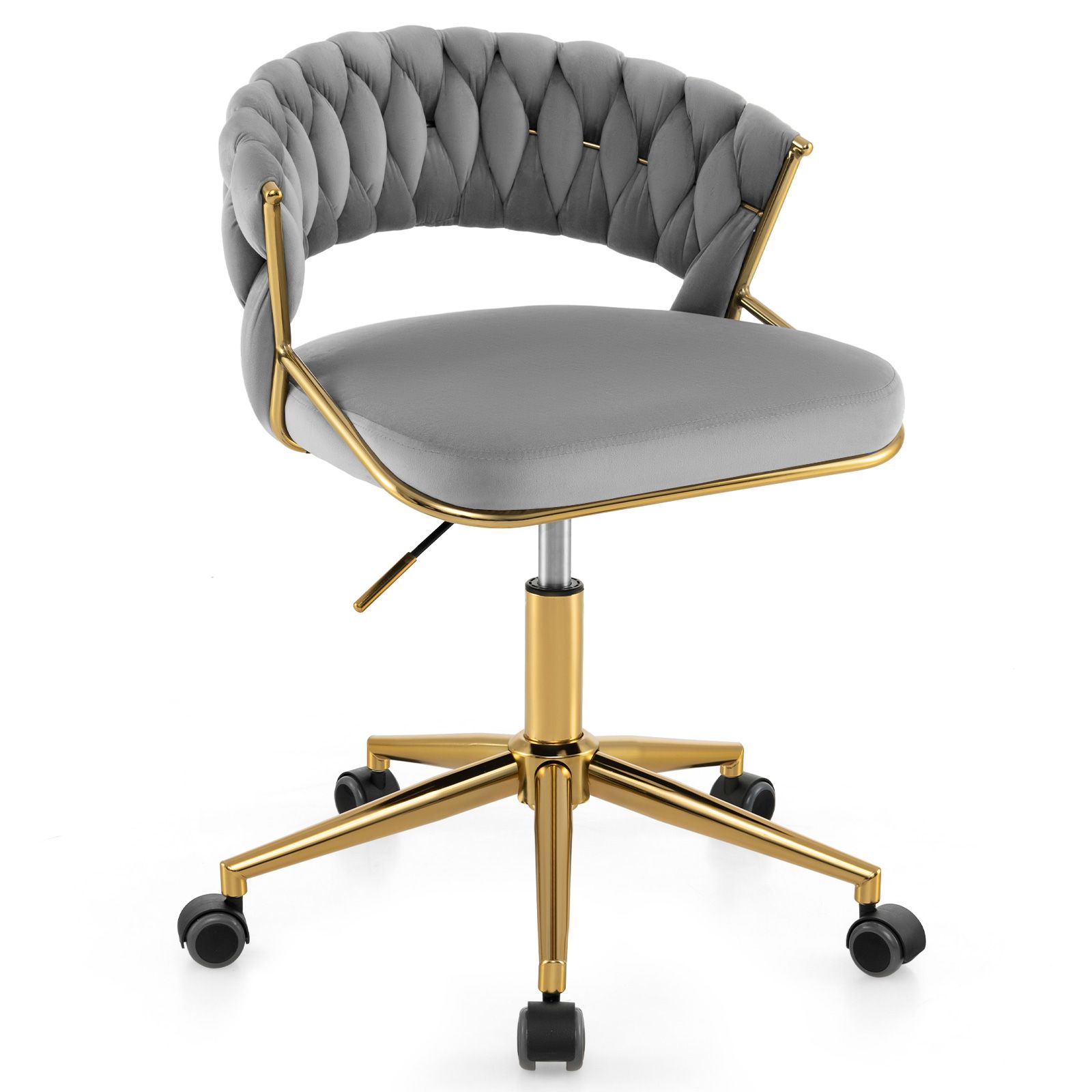 Home Office Desk Chair with Hand-woven Back and Golden Metal Legs Grey